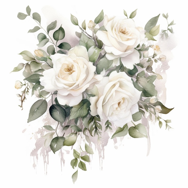 C'è un dipinto di un bouquet di rose bianche e foglie verdi generative ai