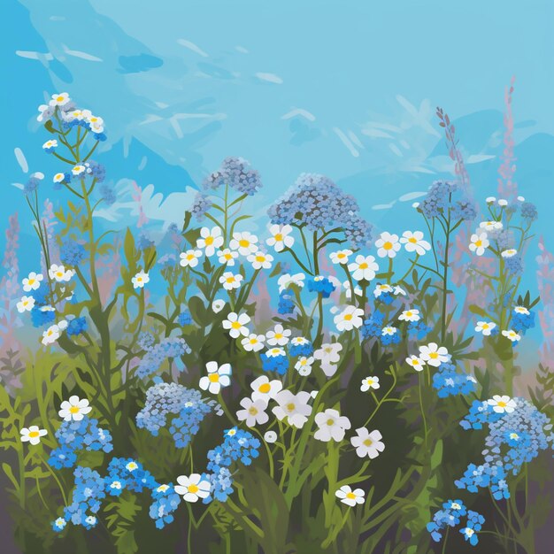 C'è un dipinto di un campo di fiori con fiori blu e bianchi generativo ai