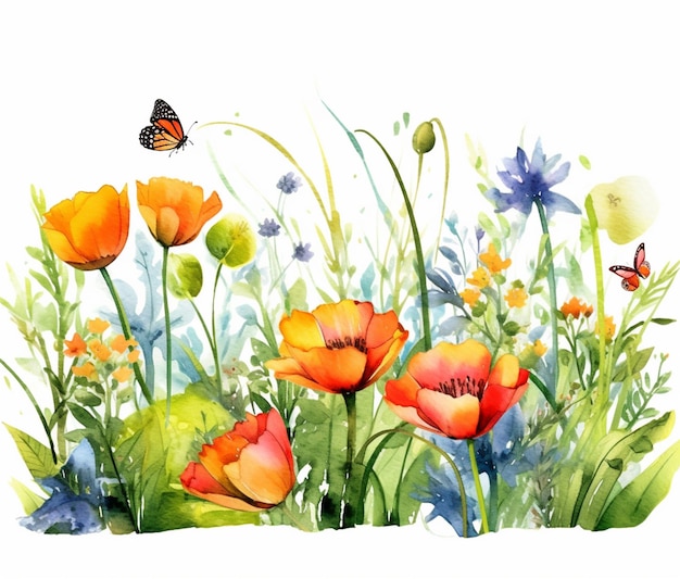 c'è un dipinto di un campo di fiori con una farfalla generativa ai