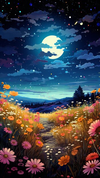 c'è un dipinto di un campo di fiori sotto una luna piena ai generativa