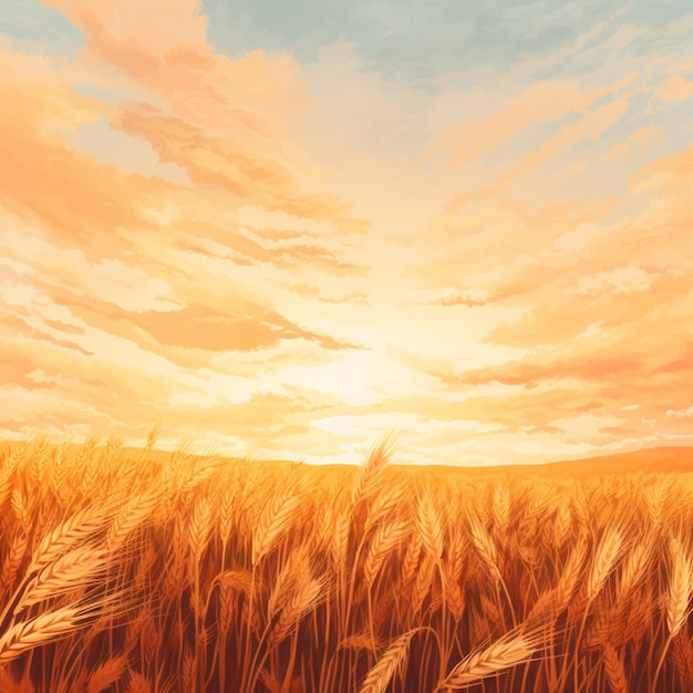 c'è un dipinto di un campo di grano con il sole che tramonta ai generativo