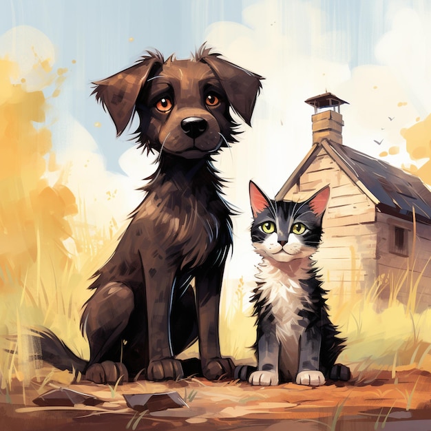 C'e' un dipinto di un cane e un gatto seduti davanti a una casa generativa.
