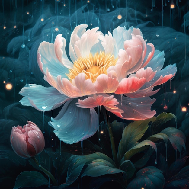 c'è un dipinto di un fiore su cui cadono gocce di pioggia ai generativa