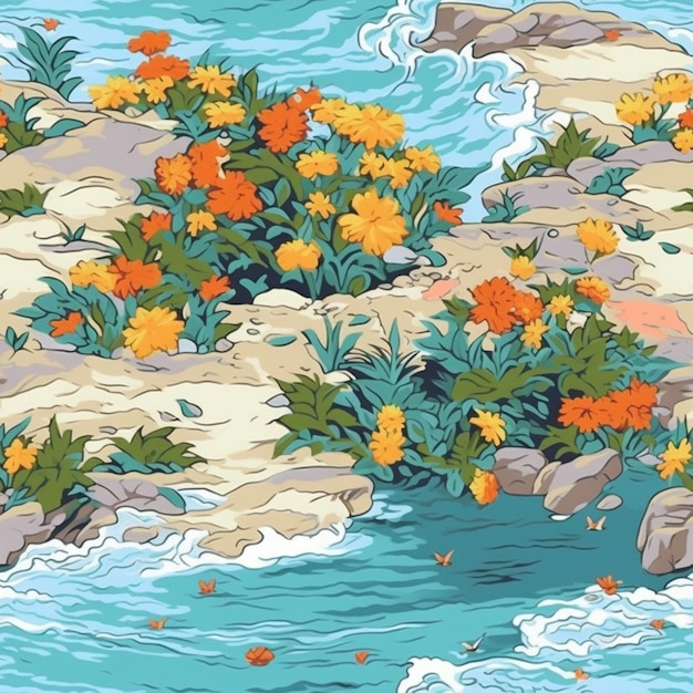 C'è un dipinto di un fiume con fiori e rocce generative ai