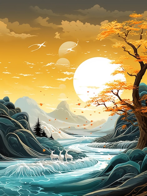 C'è un dipinto di un fiume con un albero e montagne sullo sfondo generativo ai