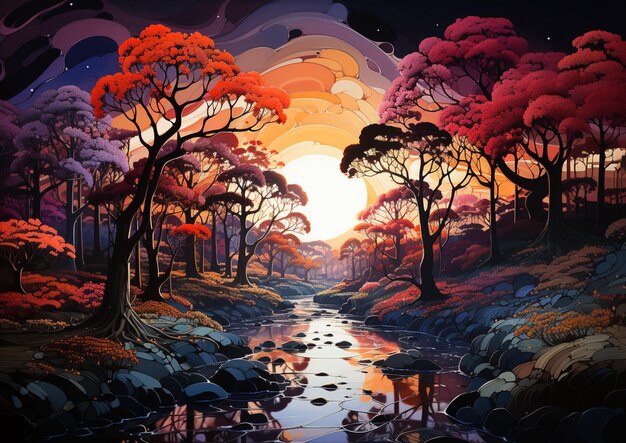 C'è un dipinto di un fiume in una foresta con alberi generativi ai