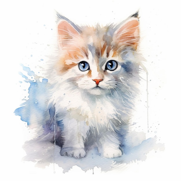 C'è un dipinto di un gatto con gli occhi azzurri e uno sfondo bianco ai generativo