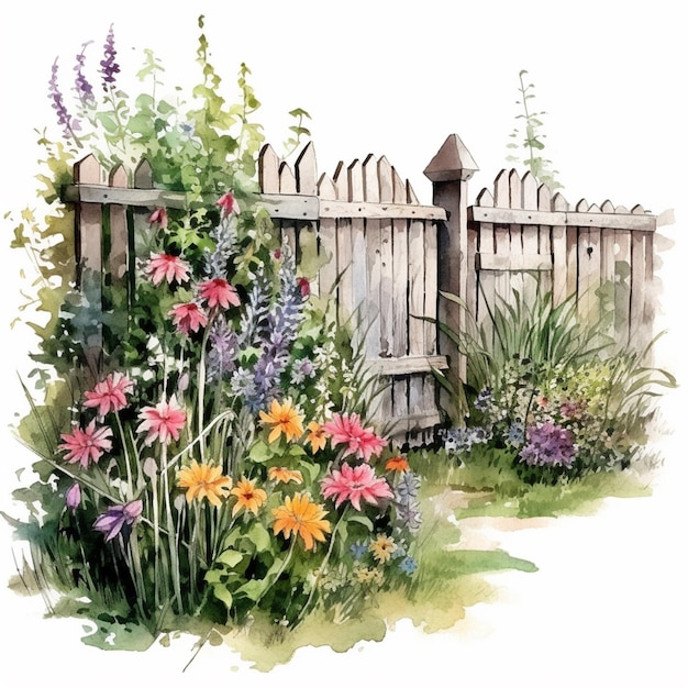 C'è un dipinto di un giardino con fiori e una recinzione generativa ai