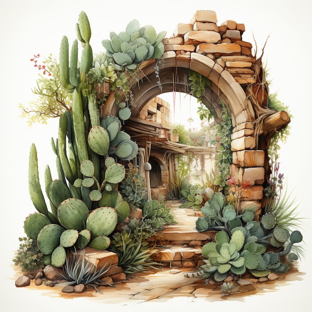 C'è un dipinto di un giardino con piante di cactus e un arco in pietra generativo ai