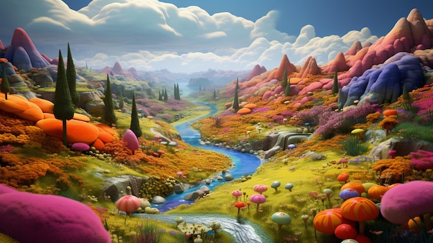 c'è un dipinto di un paesaggio di montagna colorato con un ruscello generativo ai