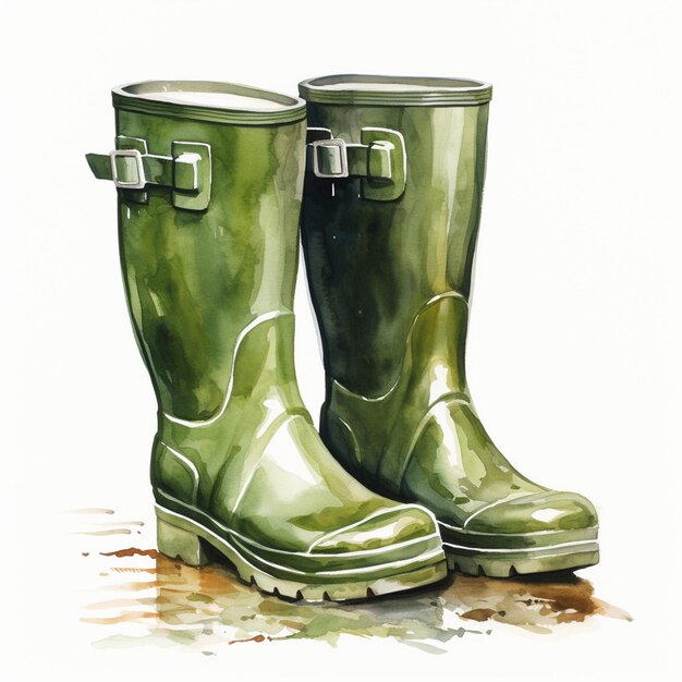 C'è un dipinto di un paio di stivali da pioggia verdi generativi ai