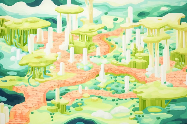 C'è un dipinto di un sentiero attraverso una foresta con alberi generativi ai