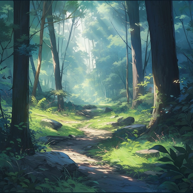 C'è un dipinto di un sentiero nel bosco con un raggio di sole generativo ai
