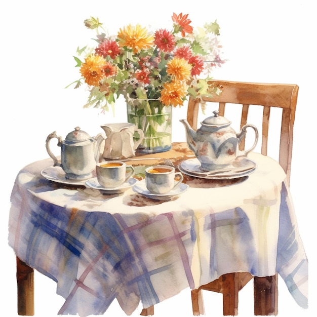 C'è un dipinto di un tavolo con un vaso di fiori e un set di tè generativo ai