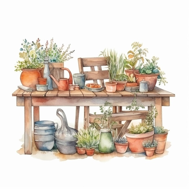 C'è un dipinto di un tavolo da giardino con vasi e piante generative ai