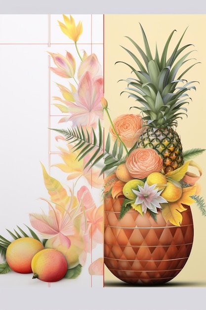 c'è un dipinto di un vaso con fiori e frutta generativo ai