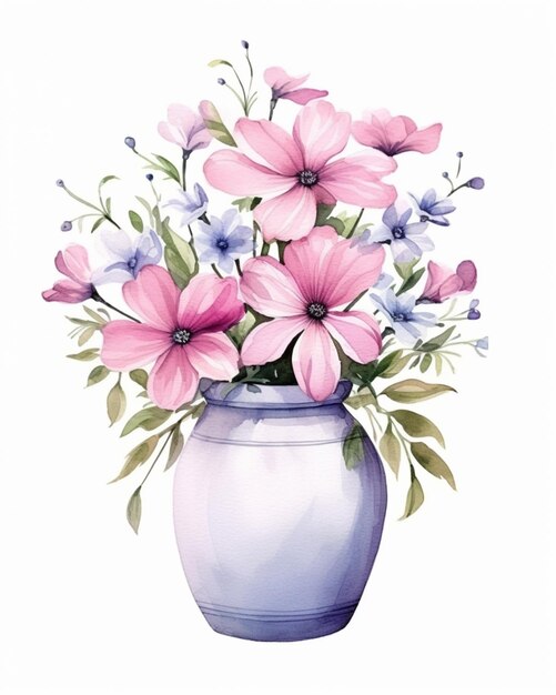 c'è un dipinto di un vaso con fiori rosa e blu generativi ai
