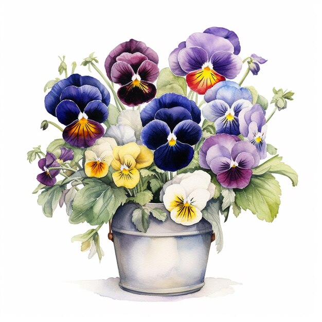 c'è un dipinto di un vaso di fiori con viole del pensiero al suo interno
