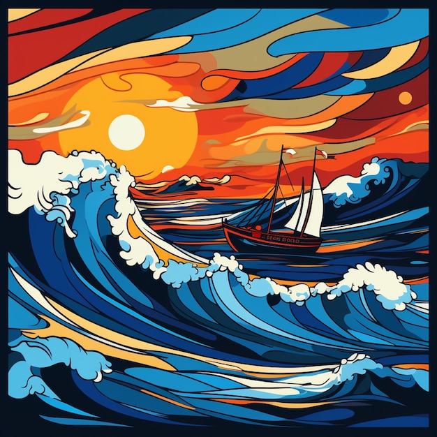 c'è un dipinto di una barca nell'oceano con un'ai generativa al tramonto