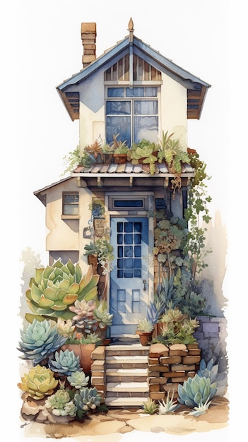 C'è un dipinto di una casa con una porta blu e un sacco di succulente generativa ai