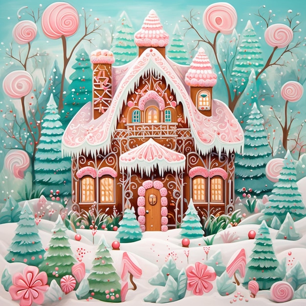 c'è un dipinto di una casa di zenzero nella neve generativa ai