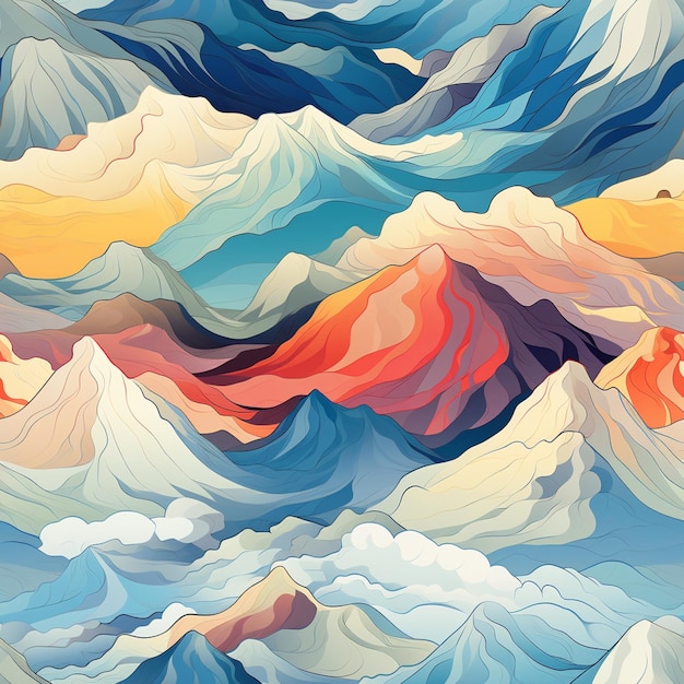 C'è un dipinto di una catena montuosa con uno sfondo di cielo generativo ai