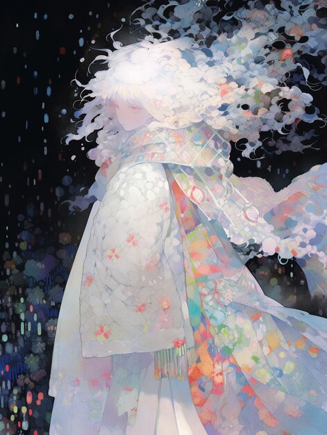 c'è un dipinto di una donna con i capelli bianchi e un vestito bianco generativo ai