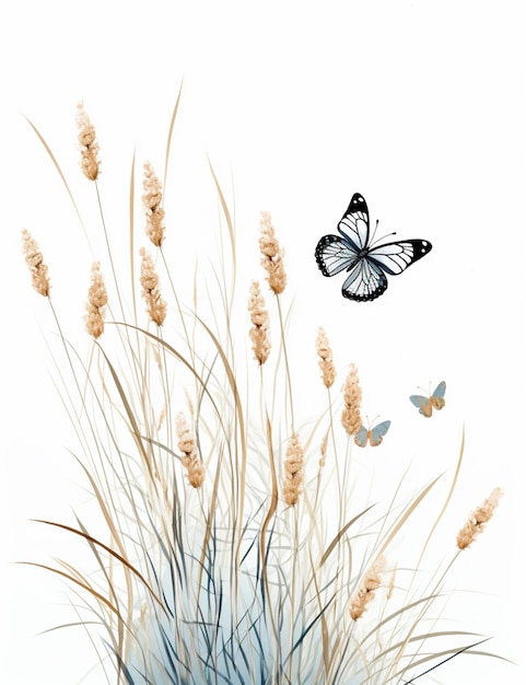 c'è un dipinto di una farfalla che vola sopra un campo d'erba generatrice di ai