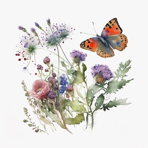 C'è un dipinto di una farfalla e fiori su uno sfondo bianco ai generativo