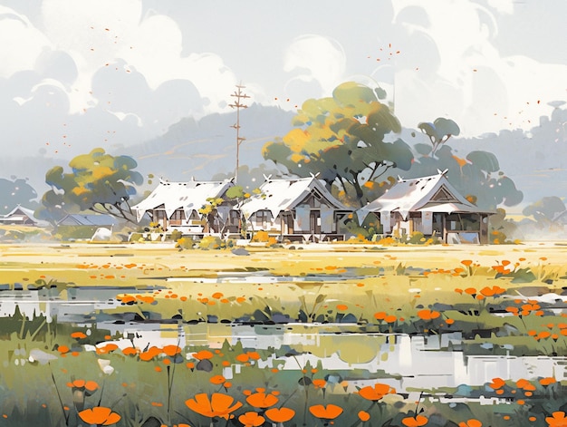 c'è un dipinto di una fattoria con un laghetto e una casa generativa ai