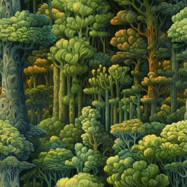 C'è un dipinto di una foresta con molti alberi e cespugli generativi ai