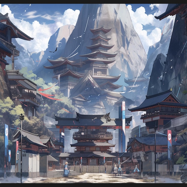 C'è un dipinto di una montagna con una pagoda sullo sfondo generativo ai