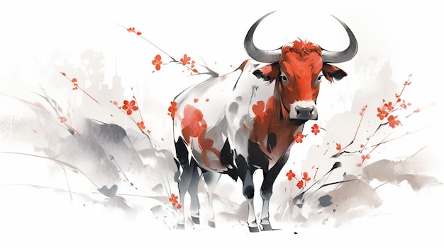 C'è un dipinto di una mucca con macchie rosse su di esso generativo ai
