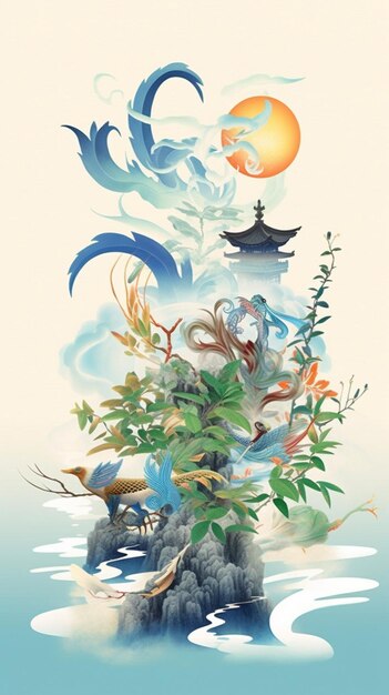 c'è un dipinto di una pagoda e un albero nell'acqua generativo ai