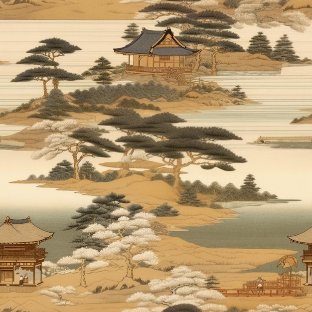 C'è un dipinto di una pagoda e un lago sullo sfondo generativo ai