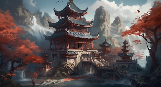 c'è un dipinto di una pagoda nel mezzo di una montagna generativa ai