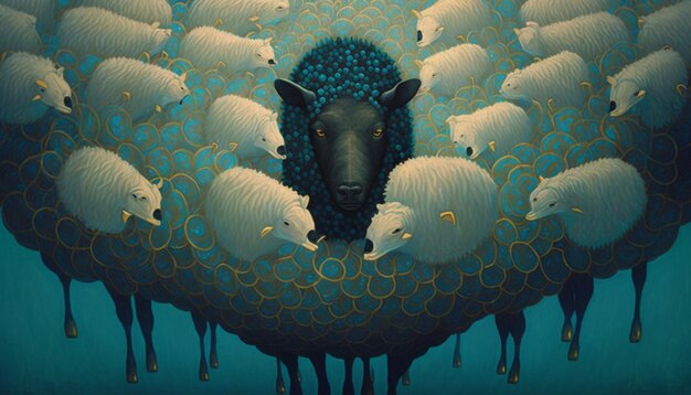 c'è un dipinto di una pecora circondata da un gregge di pecore generativo ai