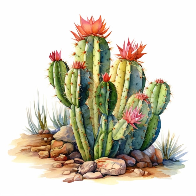 C'è un dipinto di una pianta di cactus con fiori rossi generativa ai