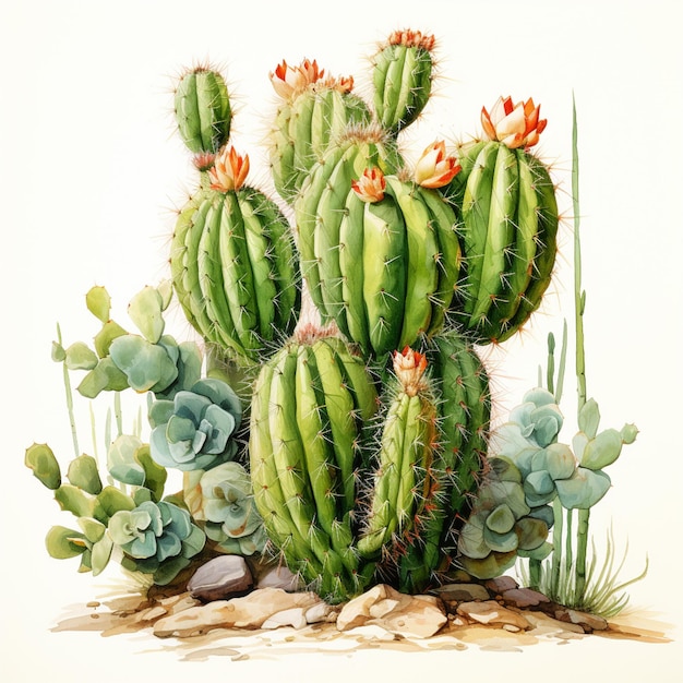 C'è un dipinto di una pianta di cactus con molti fiori generativi ai