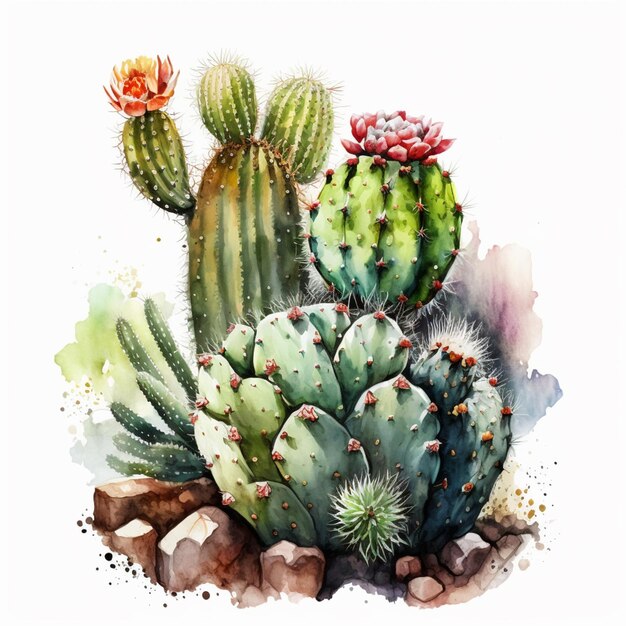 C'è un dipinto di una pianta di cactus con un ai generativo di fiori