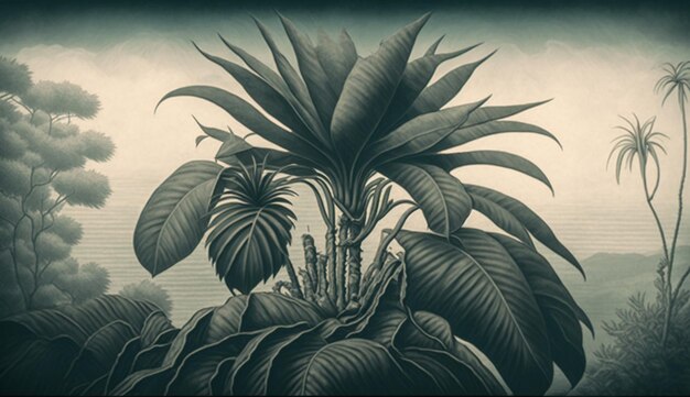 c'è un dipinto di una pianta in una giungla con uno sfondo celeste generativo ai