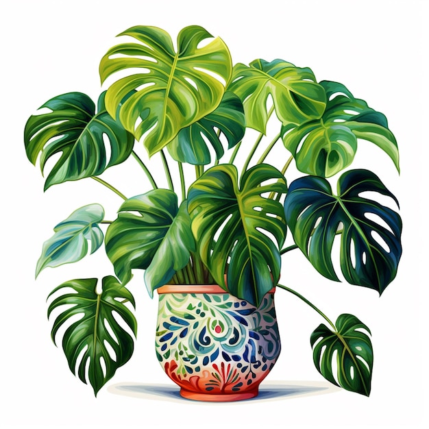 C'è un dipinto di una pianta in vaso con un sacco di foglie generative ai
