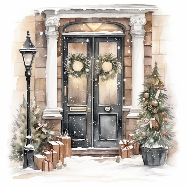 C'è un dipinto di una porta con una ghirlanda e decorazioni natalizie generative ai