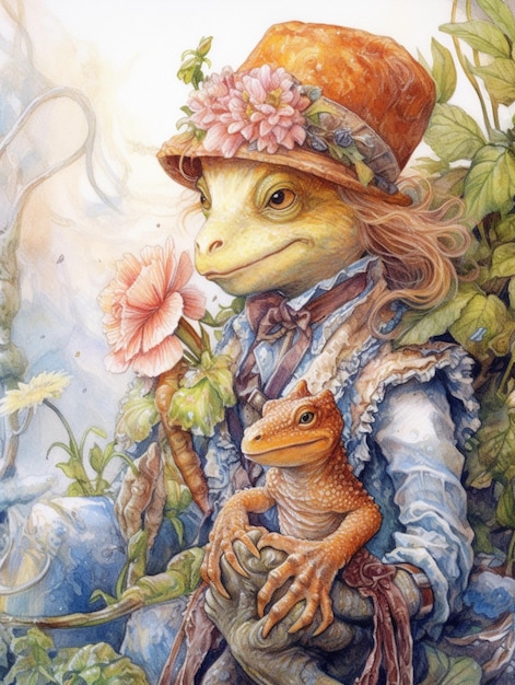 c'è un dipinto di una rana con un cappello e un fiore generativo ai