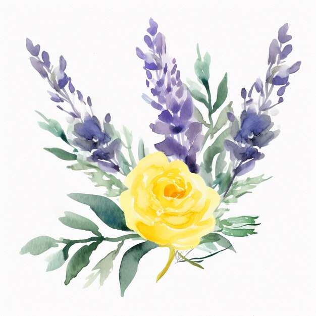 c'è un dipinto di una rosa gialla e fiori di lavanda generativi ai