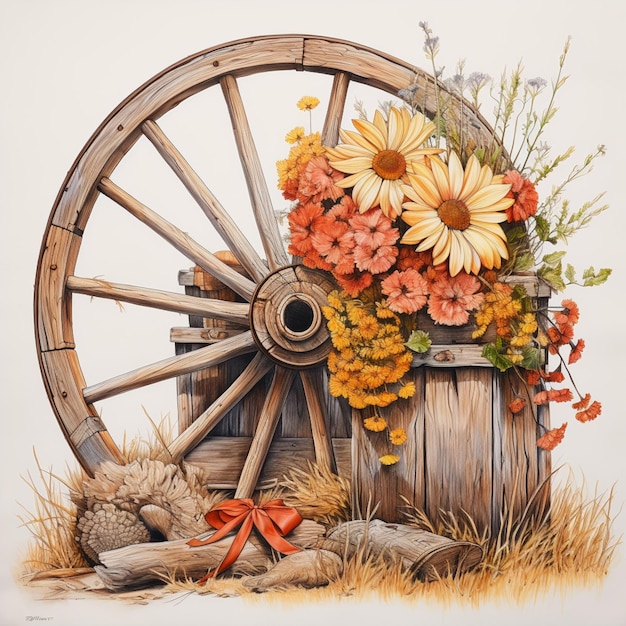 C'è un dipinto di una ruota di carro con fiori in esso ai generativi