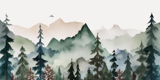 C'è un dipinto di una scena di montagna con un uccello che vola sopra di esso generativo ai