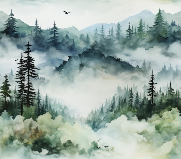 c'è un dipinto di una scena di montagna con un uccello che vola sopra generativo ai