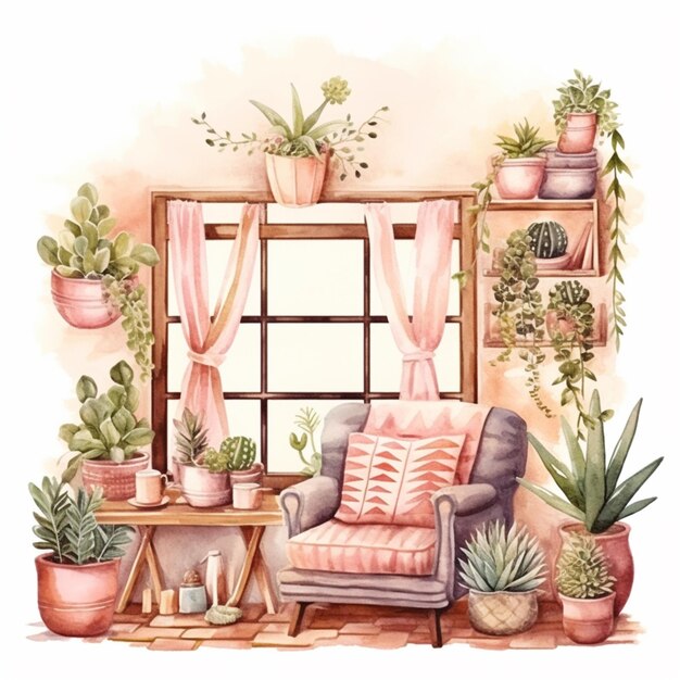 c'è un dipinto di una sedia e una finestra con piante generatrici ai