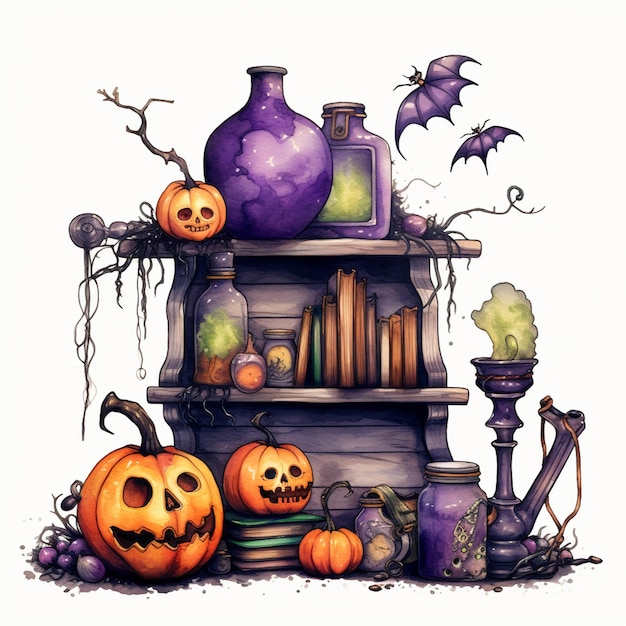 C'è un dipinto di uno scaffale con decorazioni di Halloween e zucche generative ai